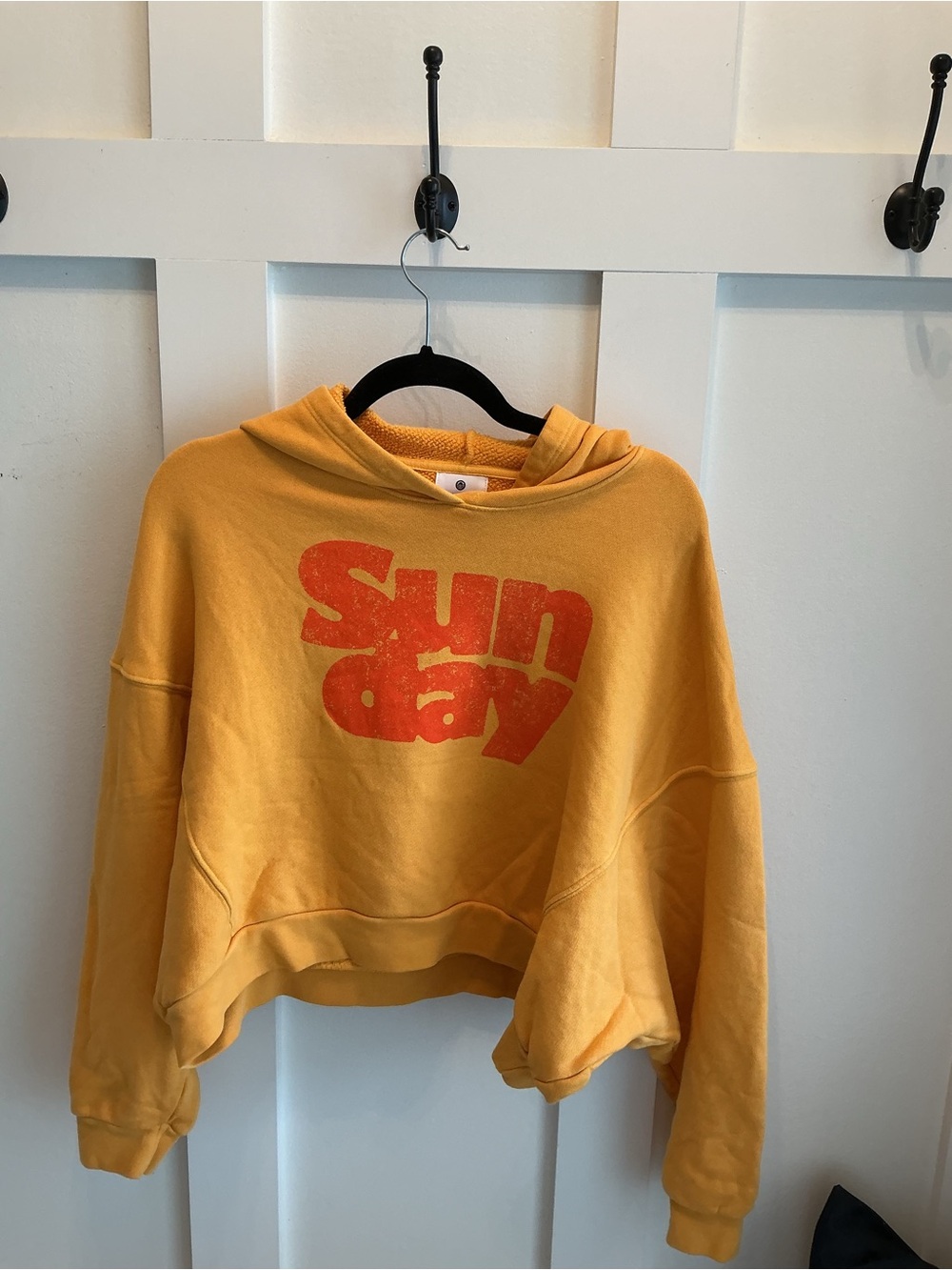 Sundry Cropped Hoodie with Bold Red 'Sunday' Logo - Mustard Yellow